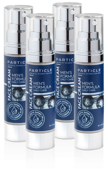 Four bottles of Particle Men's Formula Face Cream with transparent lids.