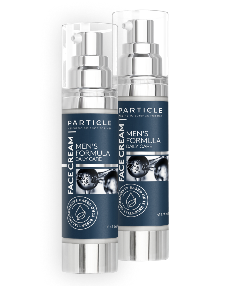 Two bottles of Particle for Men face cream.
