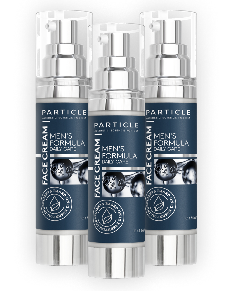 Three bottles of Particle for Men face cream.