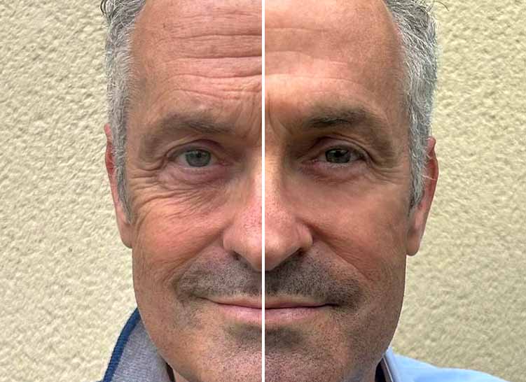 Man's face divided vertically, left side more aged, right side more youthful.