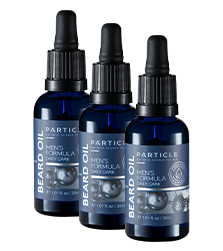 Three small bottles of Particle Beard Oil, Men's Formula Daily Care.