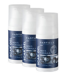 Three bottles of Particle Men's Formula Scar Gel standing diagonally.