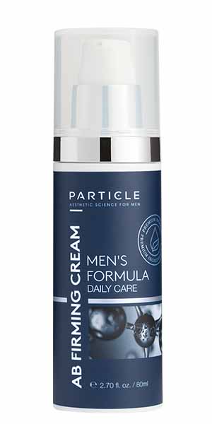 Blue cylindrical bottle with white pump, labeled Particle Mens’ Formula Daily Care AB Firming Cream.
