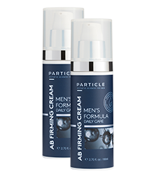 Two bottles of Particle AB Firming Cream, labeled Men's Formula Daily Care.