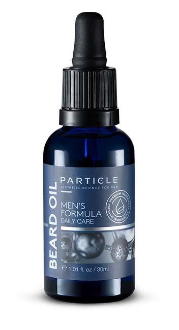 A dark blue bottle of Multi-Action Particle Beard Oil with black lid.
