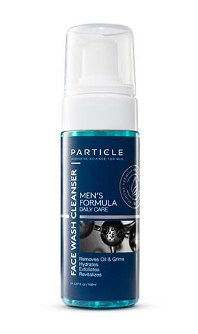 A blue bottle of Particle Face Wash Cleanser with white cap.