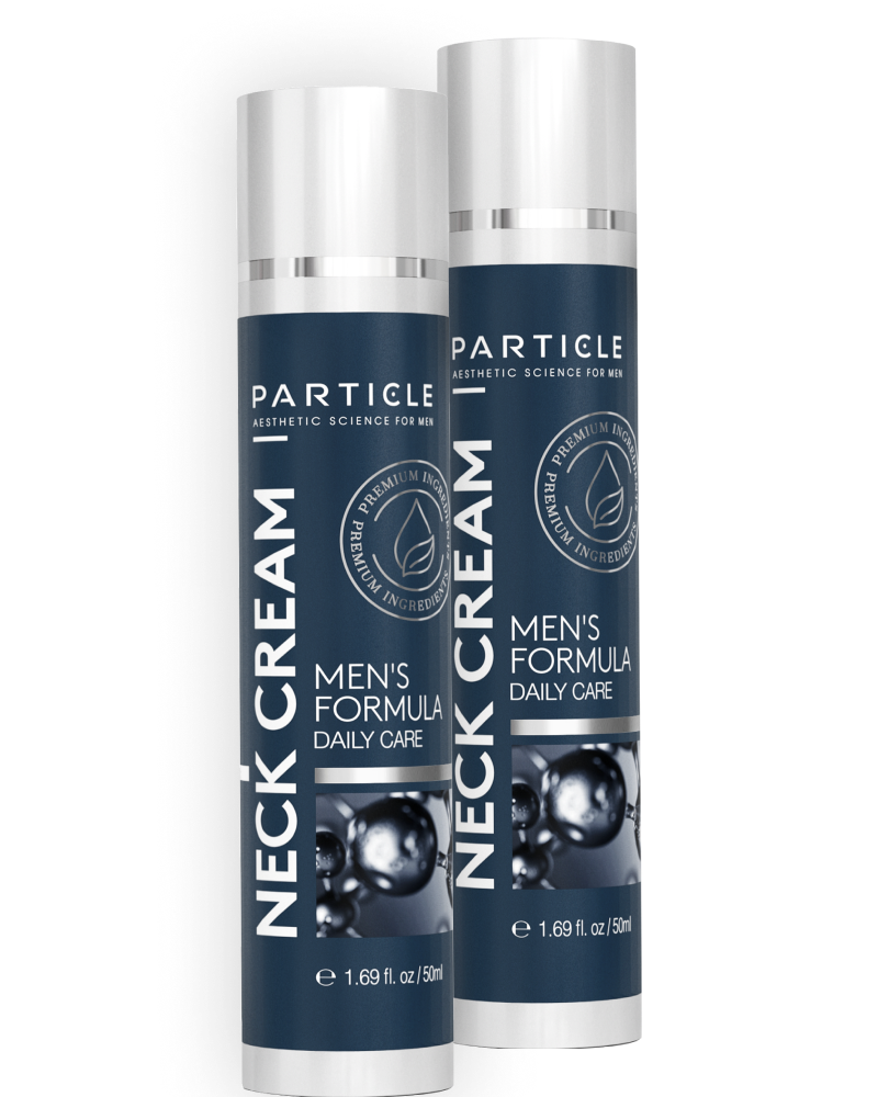 Two bottles of Particle Men’s Formula Daily Care Neck Cream