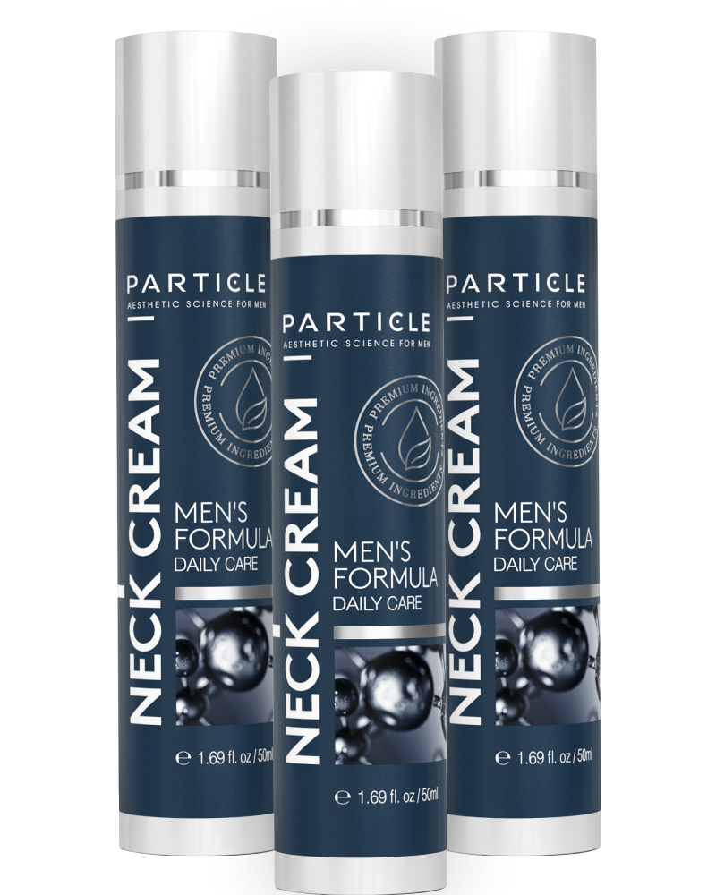 Three bottles of Particle Men’s Formula Daily Care Neck Cream