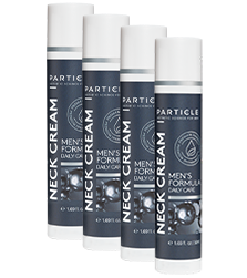 Four bottles of Particle Men’s Formula Daily Care Neck Cream standing diagonally.