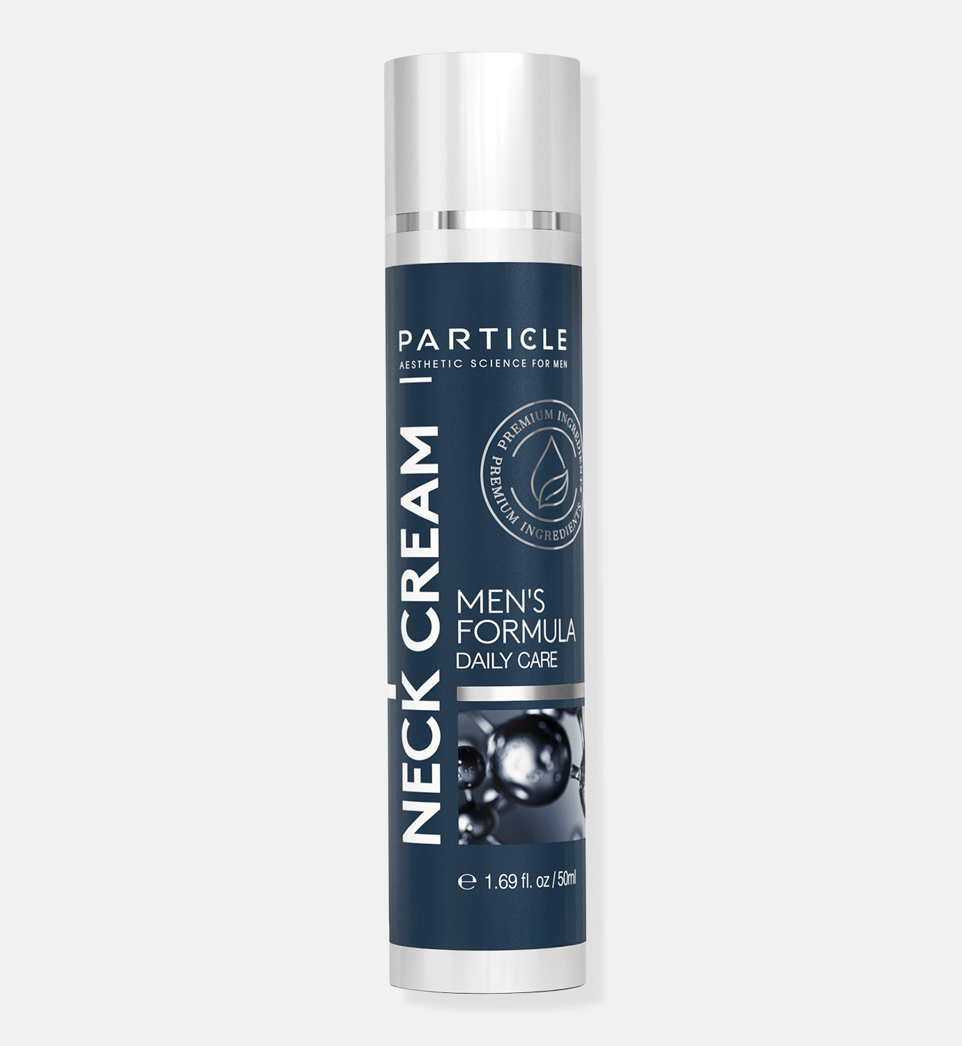 Particle men’s neck cream bottle, daily care formula for neck and jawline
