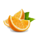 Orange slices on a white background with green leaves.