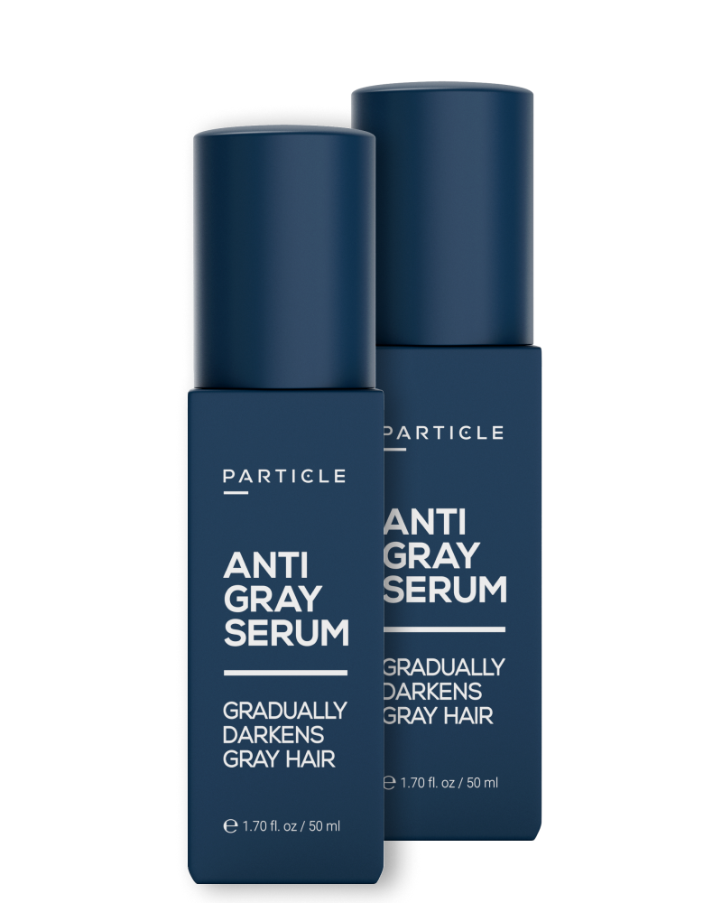 Two bottles of Particle anti-gray hair serum for men
