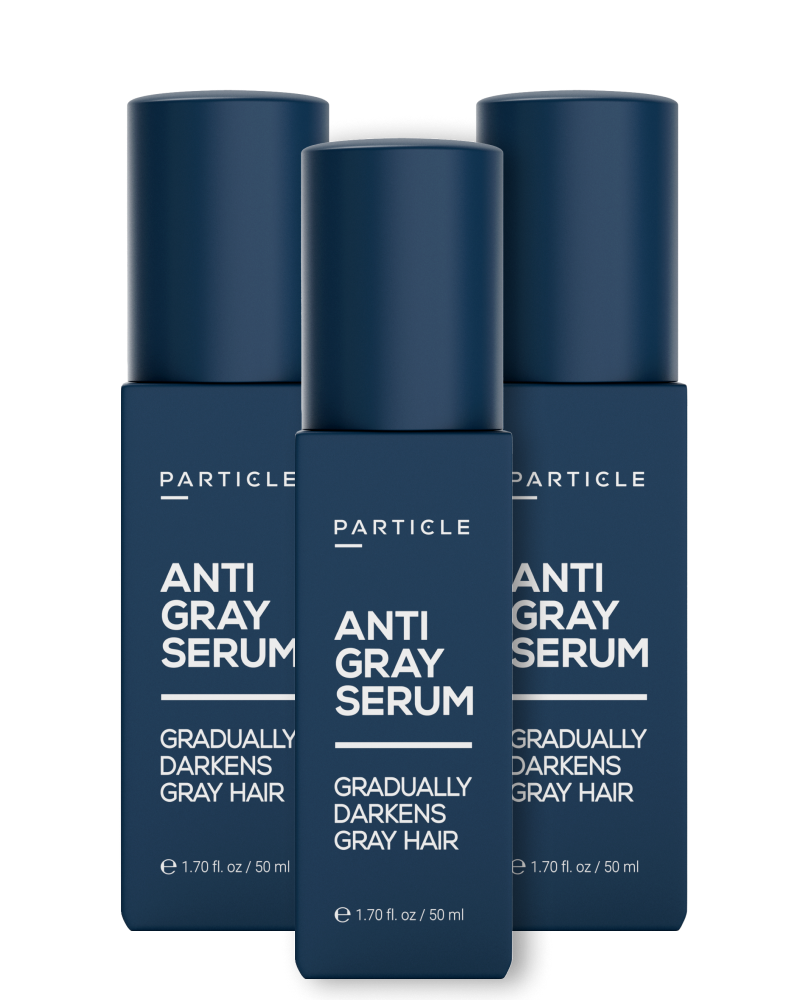 Three bottles of Particle anti-gray hair serum for men